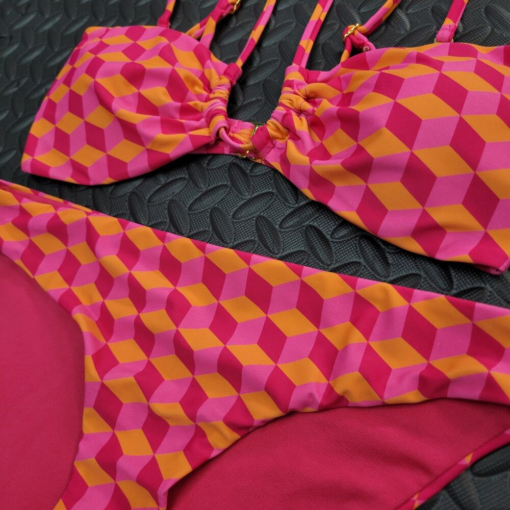 HEAT Swimwear Geometric Bikini Set Pink Orange Retro Print Size M
